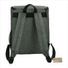 Gray fabric backpack with black straps and a mesh side pocket. It stands upright and has a recycled information tag attached at the side, reading I used to be a plastic bottle. White background.