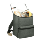 A gray insulated lunch bag is open, revealing contents such as a sandwich, banana, bottled drink, and snacks. It has a front zipper pocket and shoulder strap, standing upright on a white background.