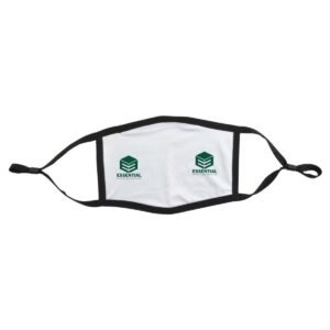 White reusable face mask with black trim and adjustable ear loops, printed with Essential Education Supplies logos.