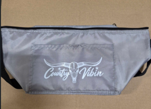 Grey waist bag printed with a white Country Vibin bull skull logo on the front pocket.