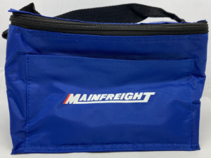 Blue cooler bag printed with the Mainfreight logo in white on the front pocket.