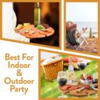 Collage: Wine, cheese, and snacks for indoor/outdoor settings with people relaxing and a picnic.