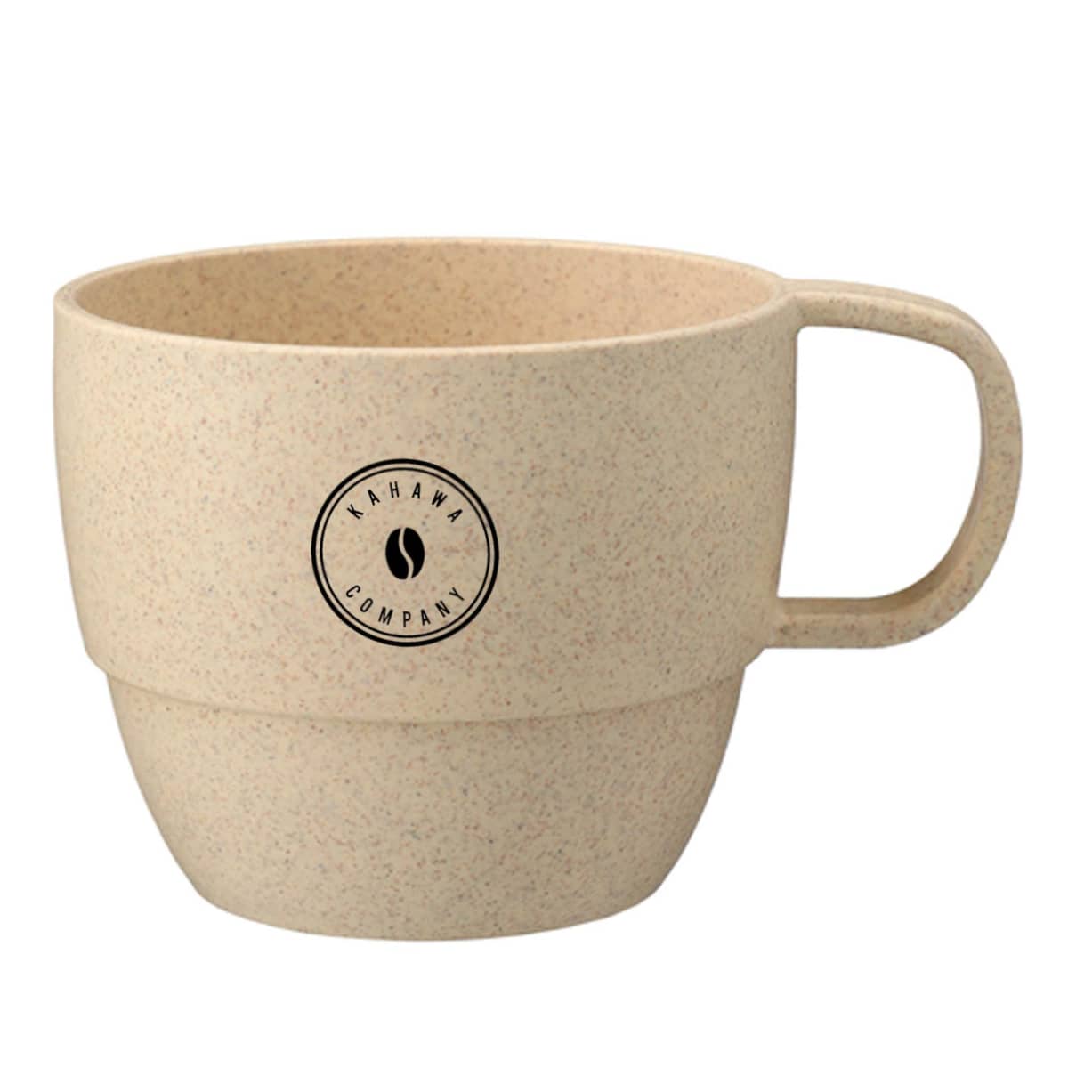 Beige coffee cup with a logo and handle on a white background.
