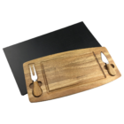 Acacia Promotional Cheese Board Set: includes knife, fork, and sleek black slate.