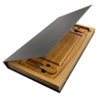 Acacia Promotional Cheese Board Sets in a black, book-like case with knives.