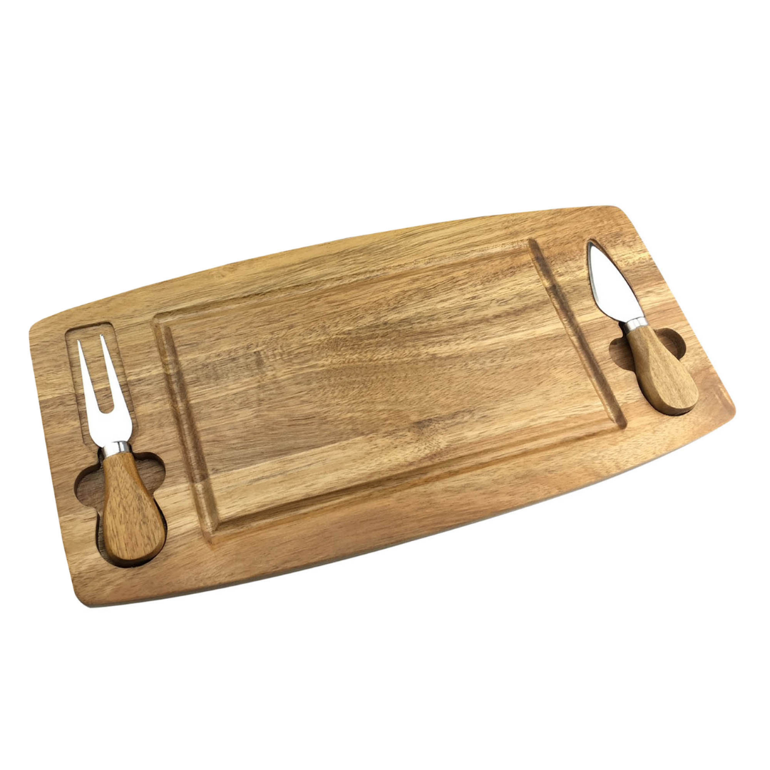 Acacia cheese board set with two side-embedded knives.