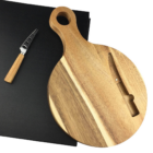 Belton Logo Cheese Board gift with cutting board and knife on black surface.