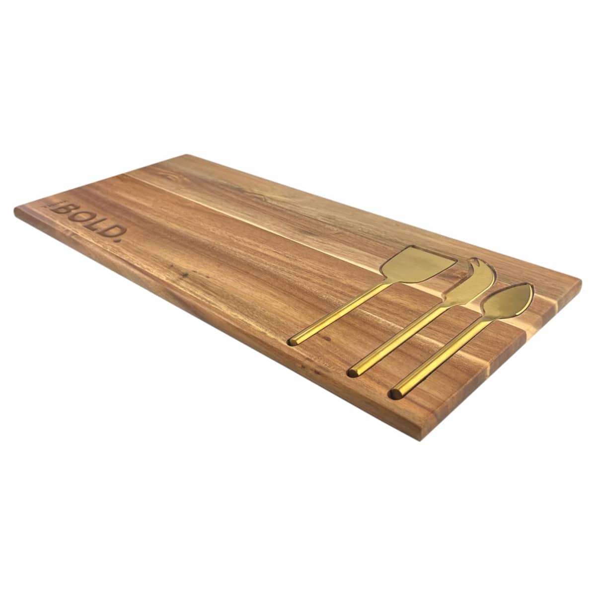 Wooden board with three gold utensils and BOLD engraved.