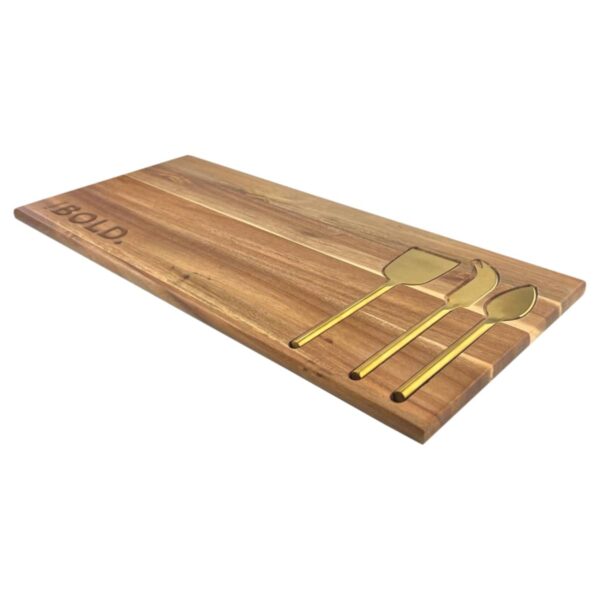 Wooden cutting board with three gold utensils engraved.