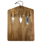 Cheese board set includes fork, blade, and chisel knives. Perfect for corporate gifting.