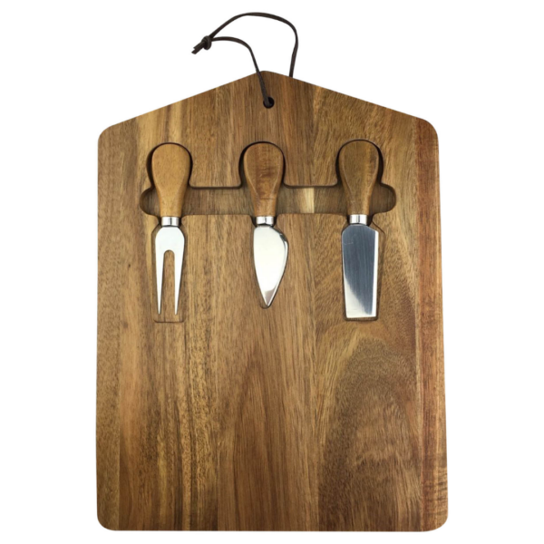 Cheese board set includes fork, blade, and chisel knives. Perfect for corporate gifting.