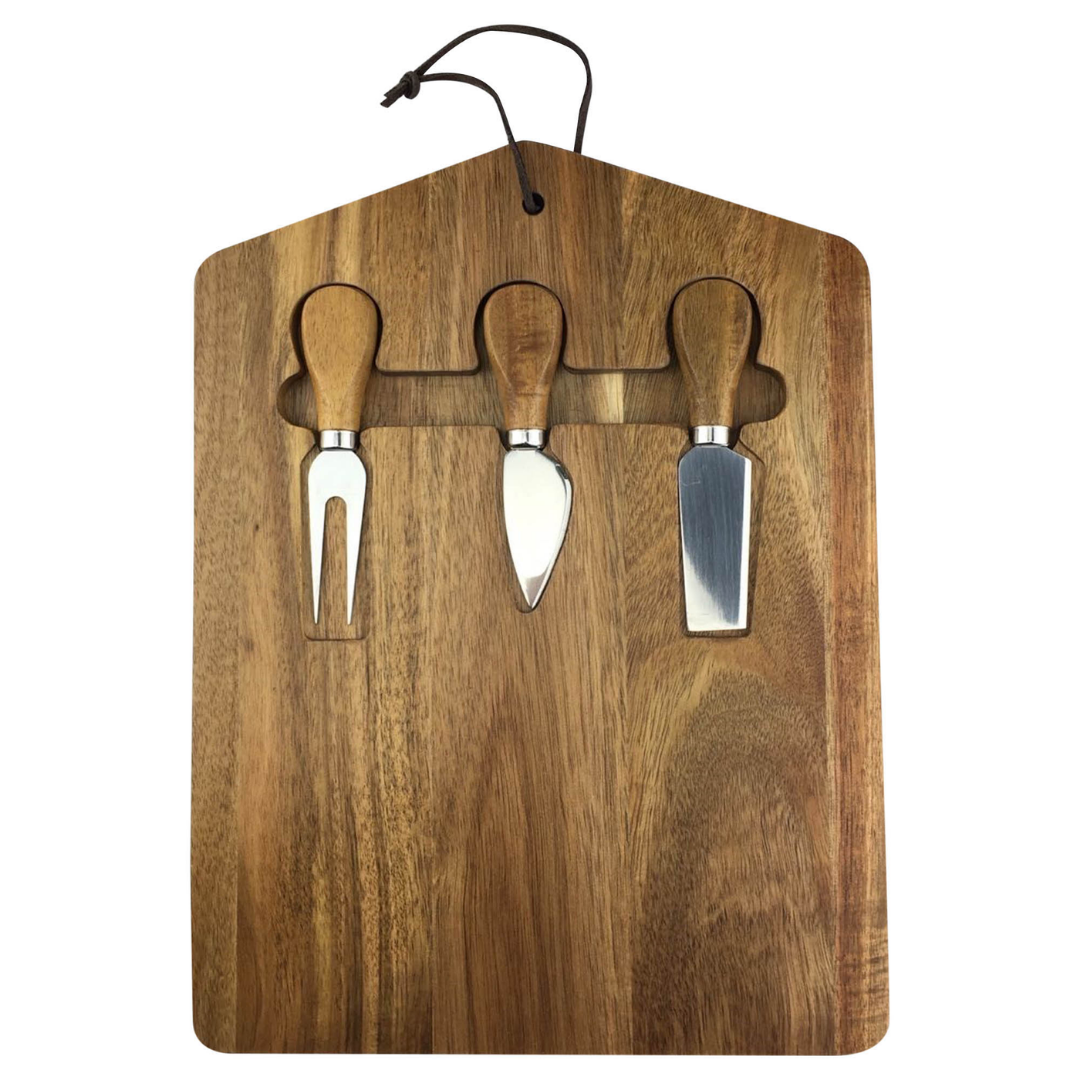 Cheese board set includes fork, blade, and chisel knives. Perfect for corporate gifting.