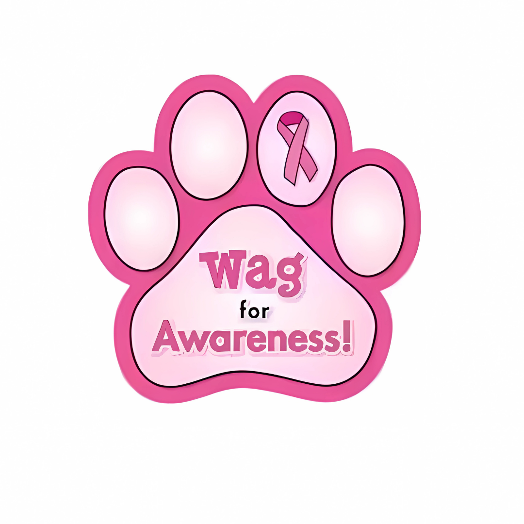 Pink Wag for Awareness! magnet with ribbon, from Promotional Paw Print Magnets Bulk.