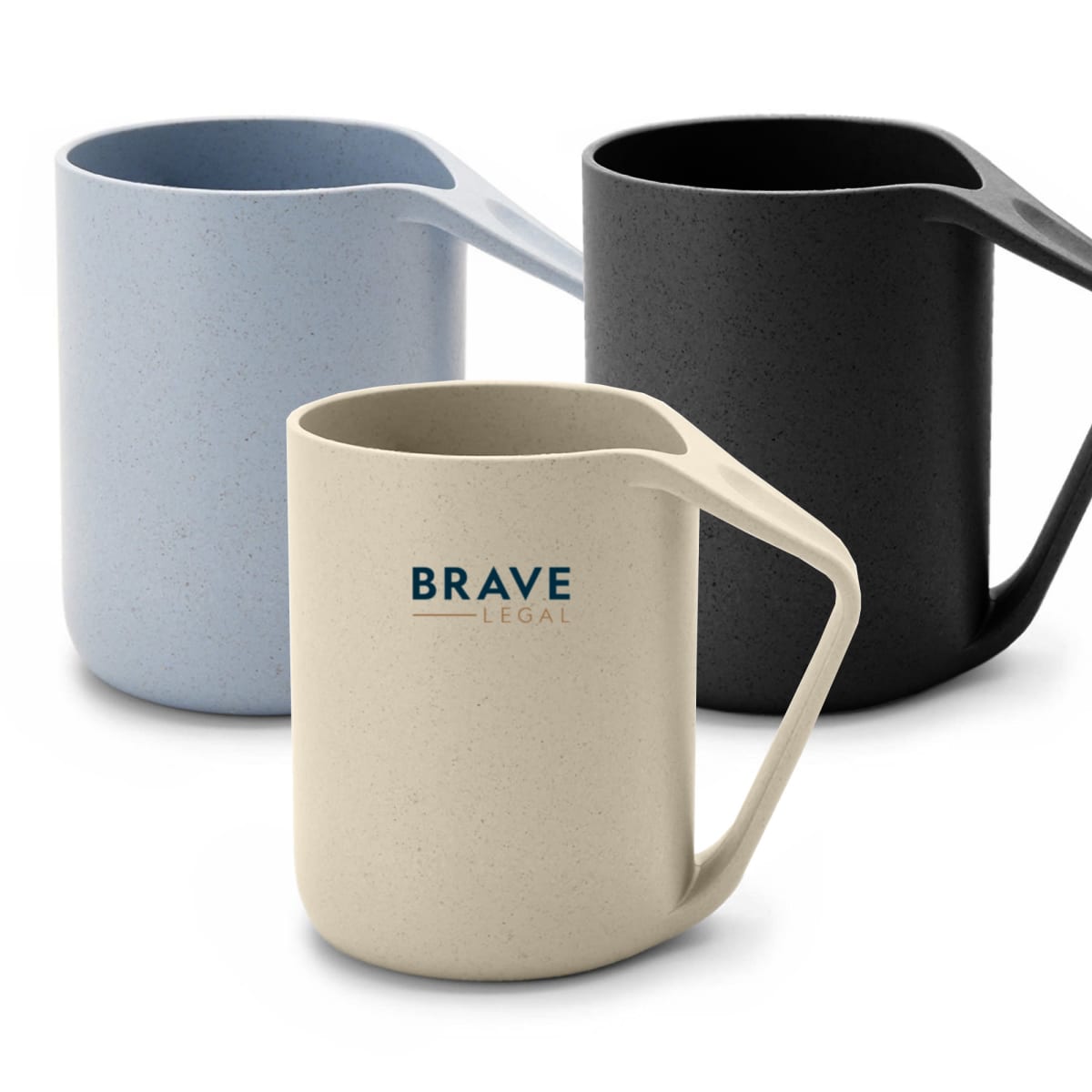 Three modern mugs with unique, angular handles are displayed. They are in light blue, beige (with Brave Legal logo), and black colors. The mugs have a matte finish and are arranged in a staggered formation.
