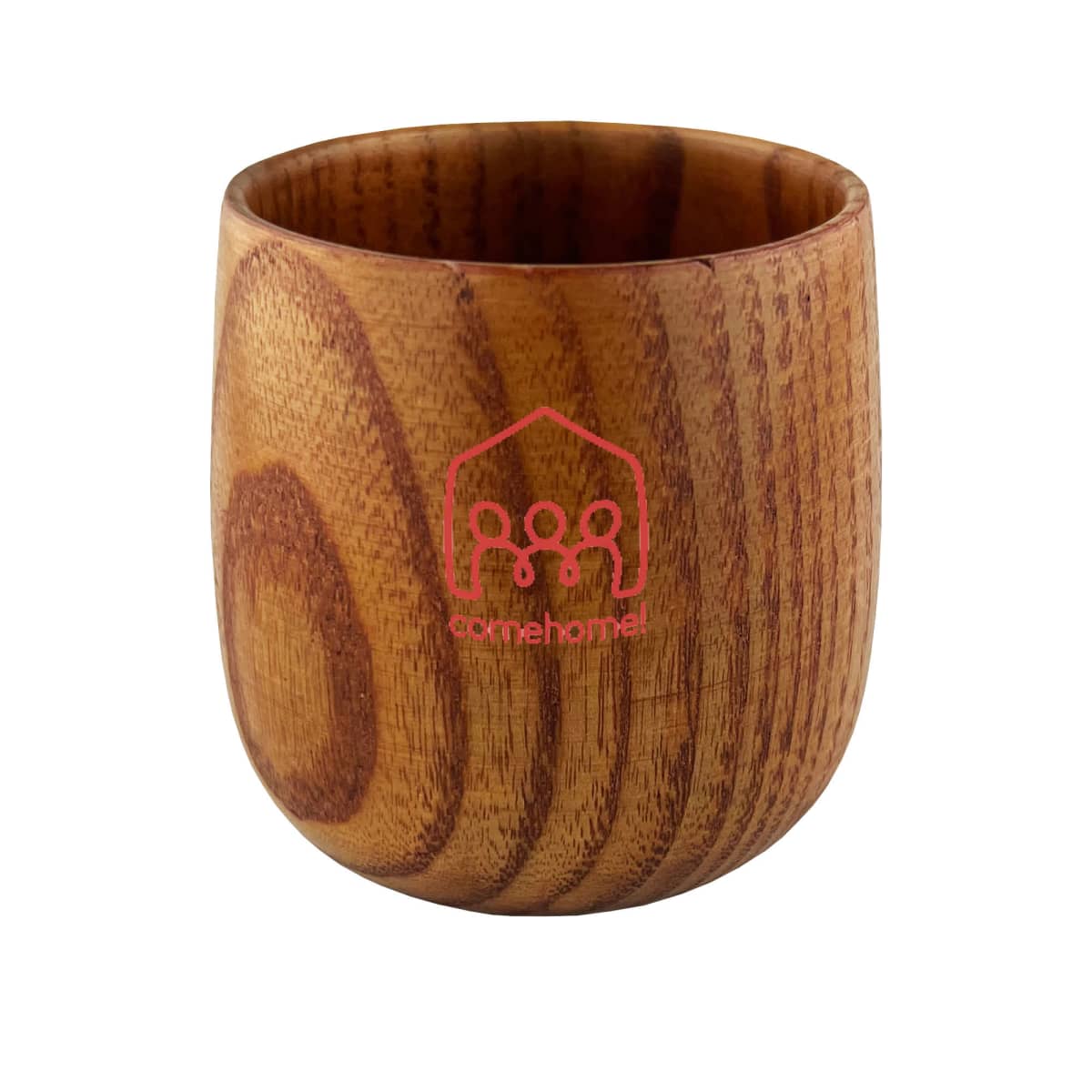 A small wooden cup with a natural grain pattern and a pink logo of a house with people, featuring the text comehome! on its surface.