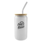 White glass jar with “Cold Brew” text, bamboo lid, and metal straw.