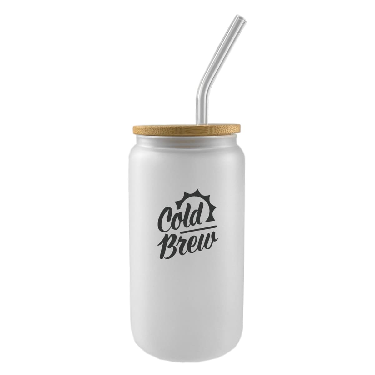 White glass jar with “Cold Brew” text, bamboo lid, and metal straw.