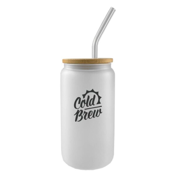 White tumbler labeled Cold Brew with bamboo lid and metal straw.