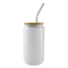 Frosted glass tumbler with bamboo lid and angled metal straw, on a white background.
