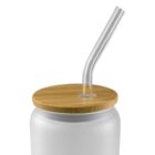 White cup with bamboo lid and a clear bent glass straw.