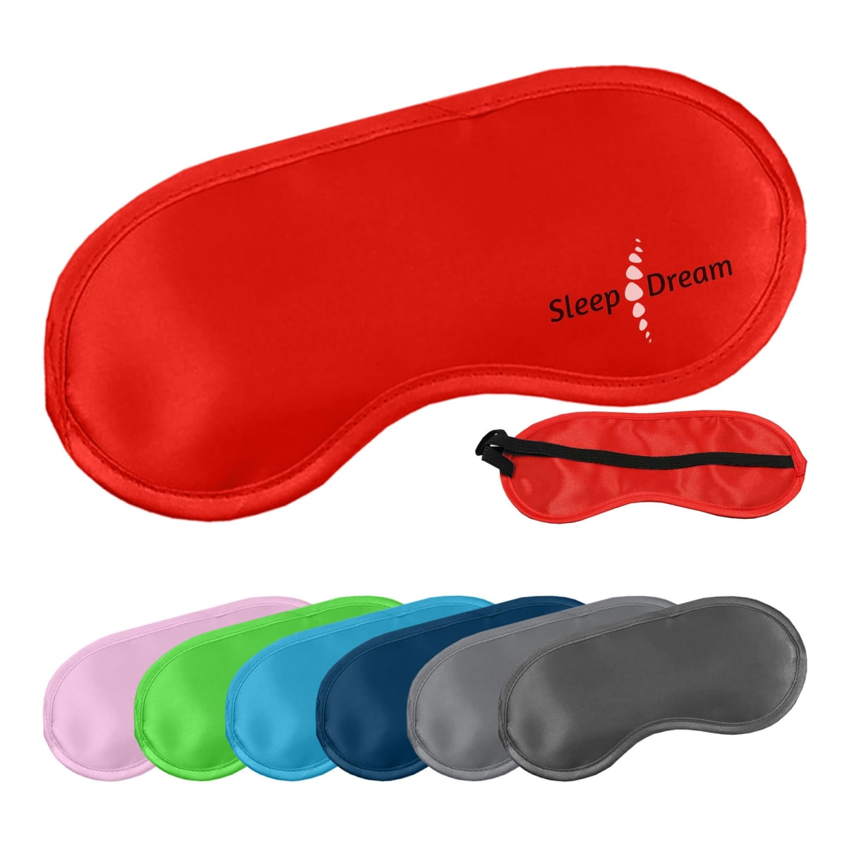 Seven colorful sleep masks, including a red one labeled Sleep Dream, are displayed.