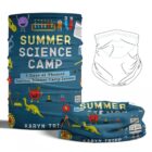Colorful neck gaiter featuring Summer Science Camp theme with cute science illustrations.