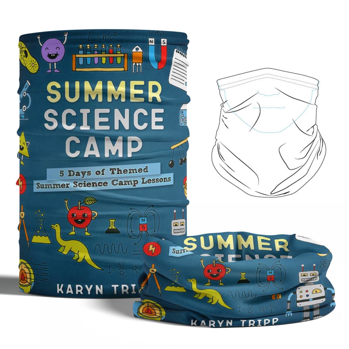 Colorful neck gaiter featuring Summer Science Camp theme with cute science illustrations.