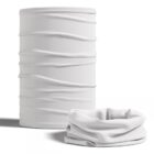 Two white, cylindrical fabric neck gaiters, one standing and one folded.