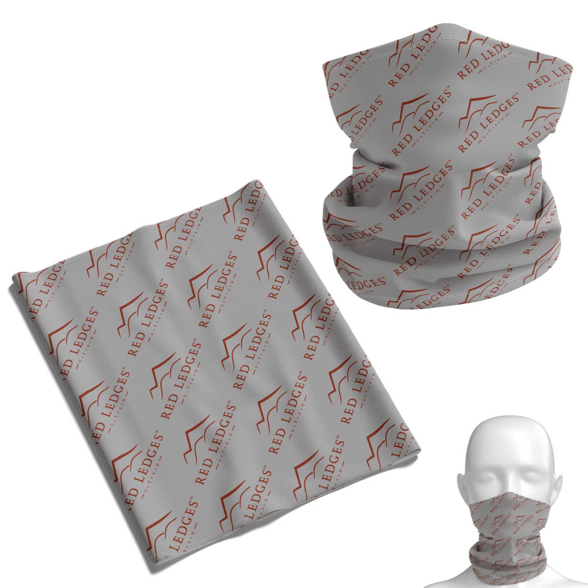 Gray neck gaiter with Red Ledges logo displayed in three views, including on a mannequin.