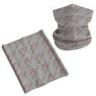 Gray neck gaiter and cloth with red Red Ledges logo pattern.