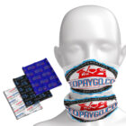 Mannequin with various branded face coverings around face and neck.