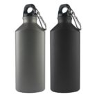 Two metal water bottles with carabiner clips; one gray, one black.