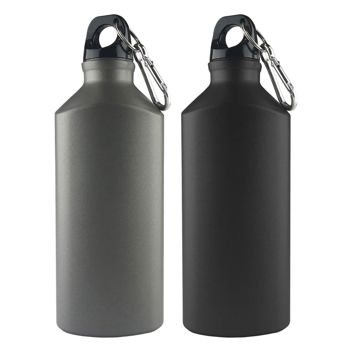 Two metal water bottles with carabiner clips; one gray, one black.