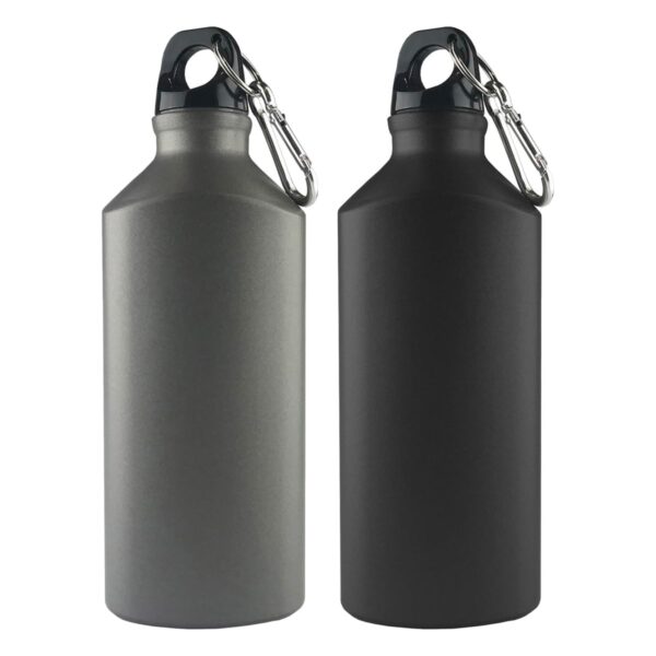 Two metal water bottles with black caps and carabiners; one gray, one black.