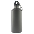 Gray metal water bottle with a black cap and attached carabiner.