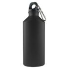 Black water bottle with a carabiner attached to the cap.