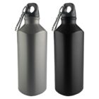 Two metal water bottles with carabiners; one gray and one black.