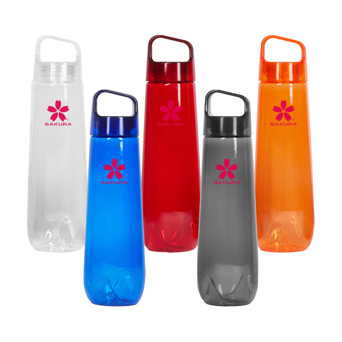 Five colorful water bottles with Sakura logo, featuring transparent, blue, red, grey, and orange.