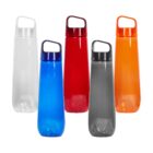 Five plastic water bottles in clear, blue, red, gray, and orange colors, with handles.