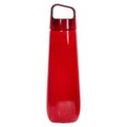 Red plastic water bottle with a handle on the lid, set against a white background.