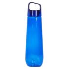 Blue water bottle with a black handle on a white background.