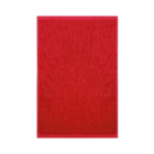 A red rug with a textured design featuring a custom logo.