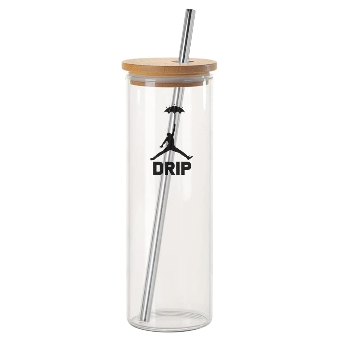 Clear glass tumbler with wooden lid and metal straw, featuring a DRIP logo on the side.