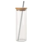 Clear glass tumbler with a wooden lid and metal straw.