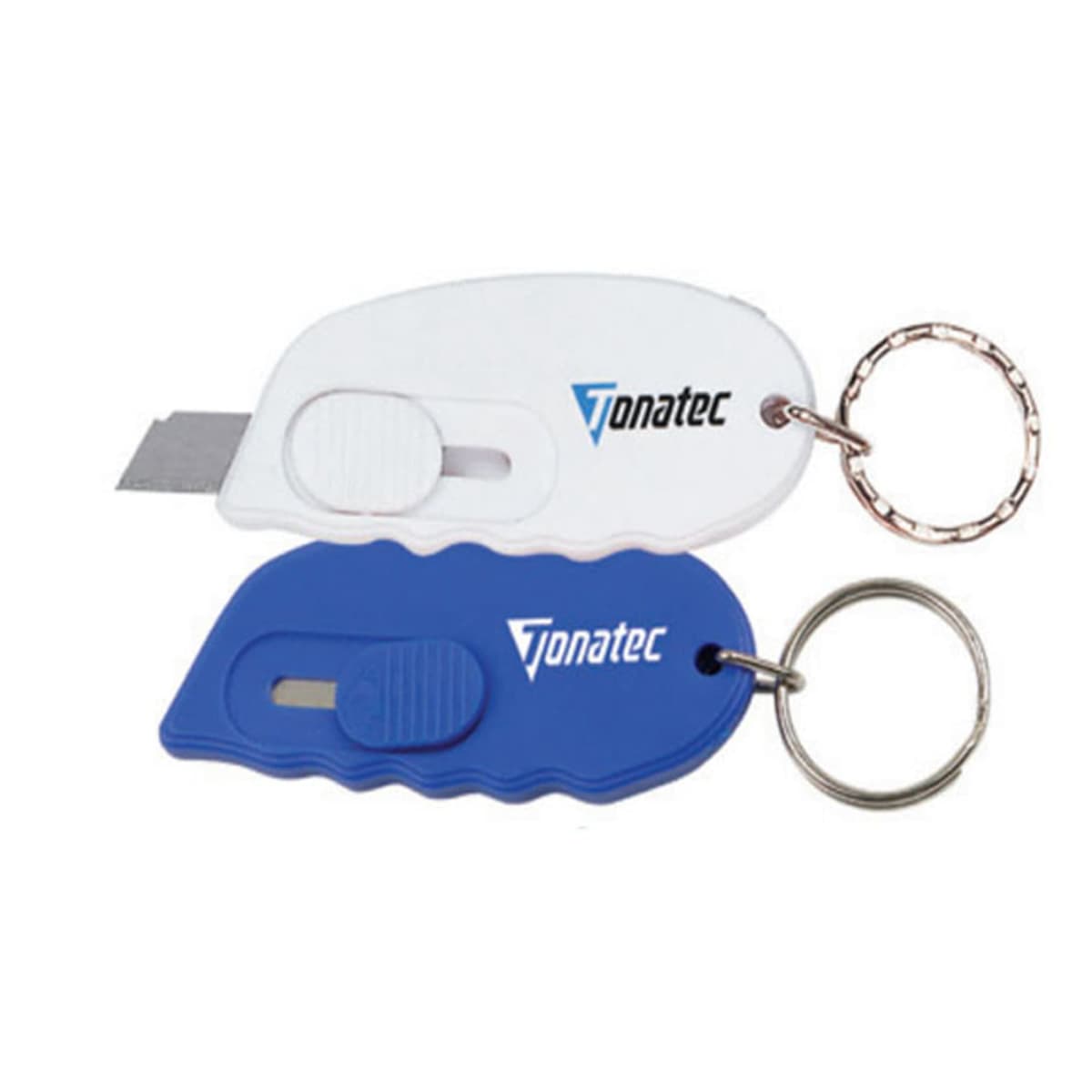 Two compact utility knives with keychains, one white and one blue.