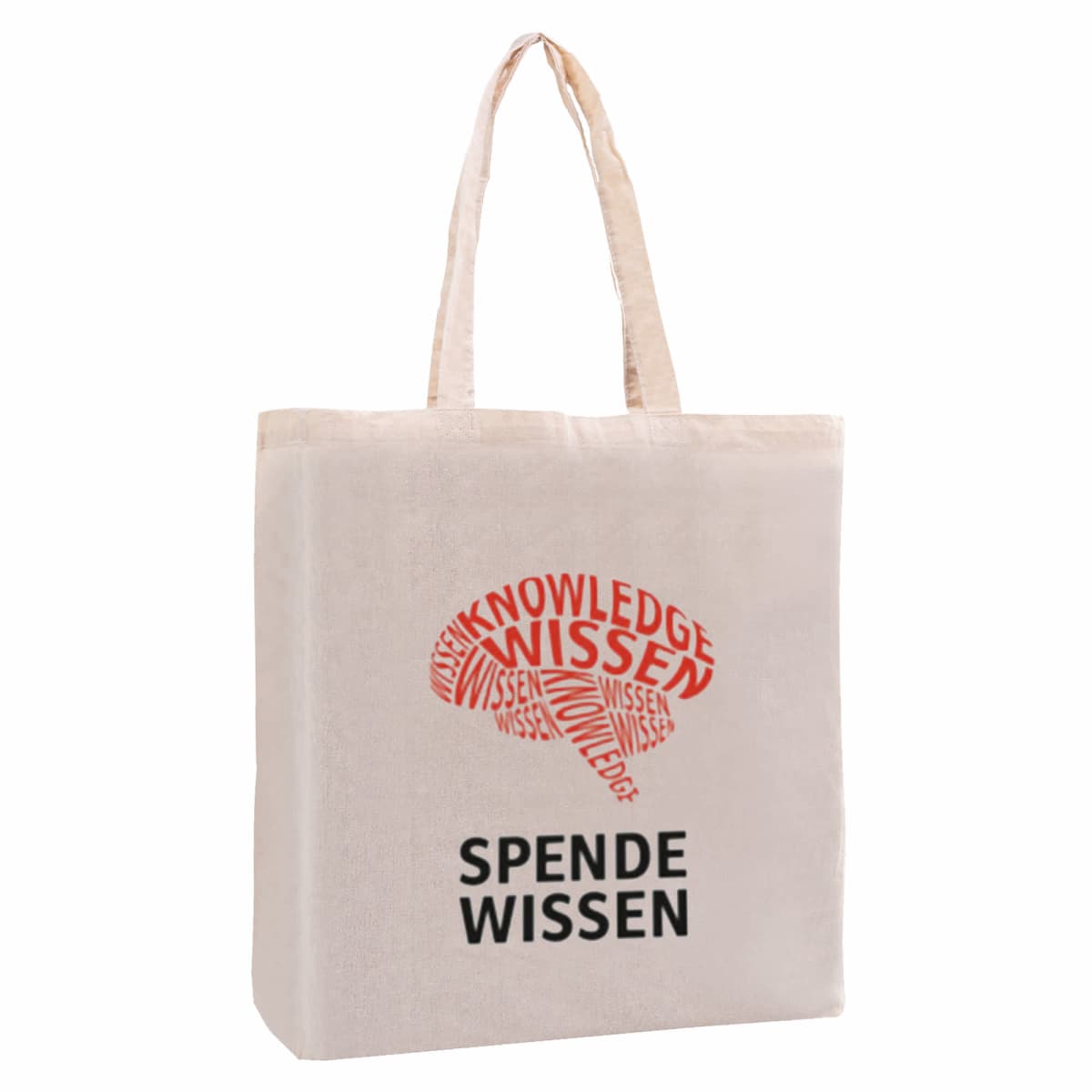 A beige tote bag with SPENDE WISSEN and a word cloud above it in red and black, featuring repeated words like WISSEN and KNOWLEDGE forming a circular pattern. The bag has two handles.