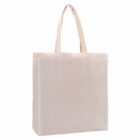 A plain, beige, fabric tote bag with two handles. The bag is positioned upright against a white background, showcasing its simple and minimalistic design.