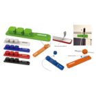 Colorful, multi-socket power strips with adhesive and magnetic mounting options shown.