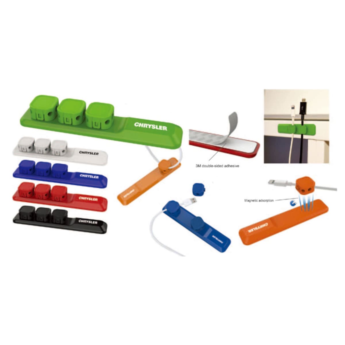 Colorful, multi-socket power strips with adhesive and magnetic mounting options shown.