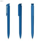 Three views of a blue pen with a clip on a white background.